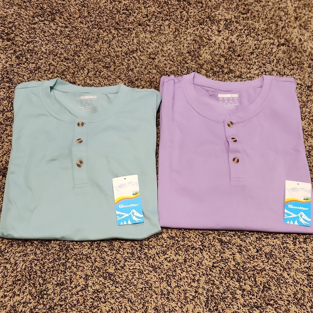 Magcomsen Light Blue Purple Cotton Men's L Short Sleeve Button-Up Shirt